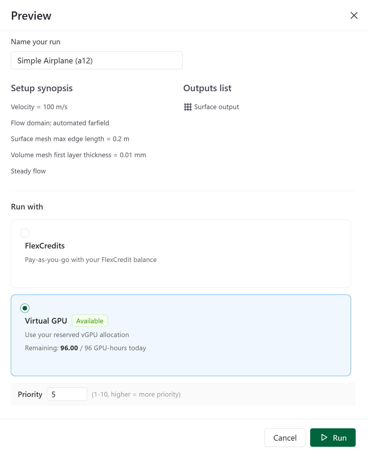 Run Submission Dialog – Run with Options