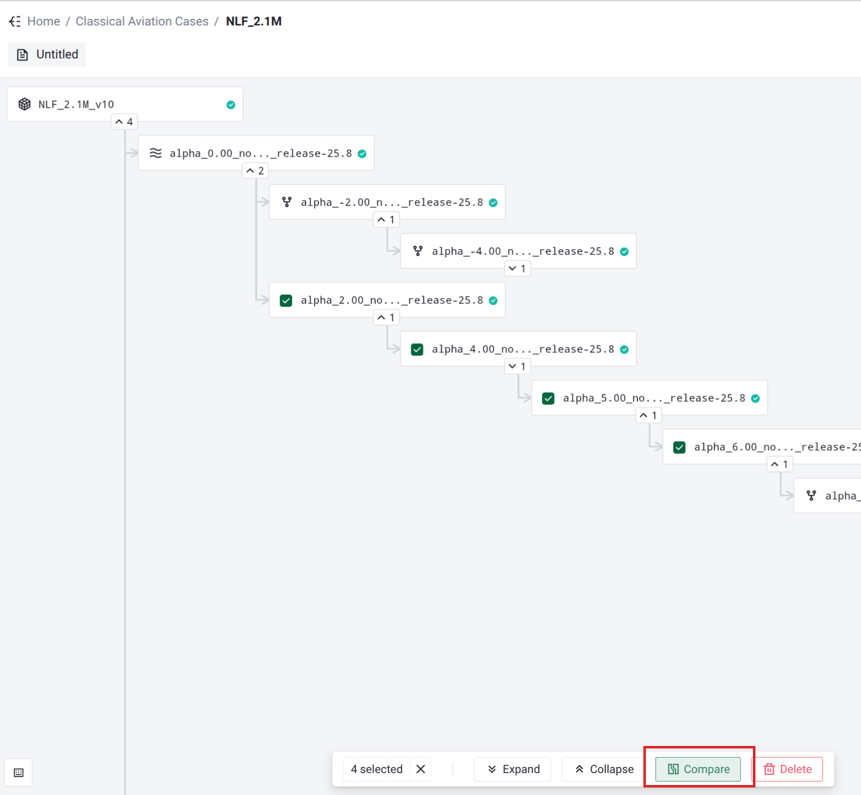Selecting cases in the project tree and clicking Compare