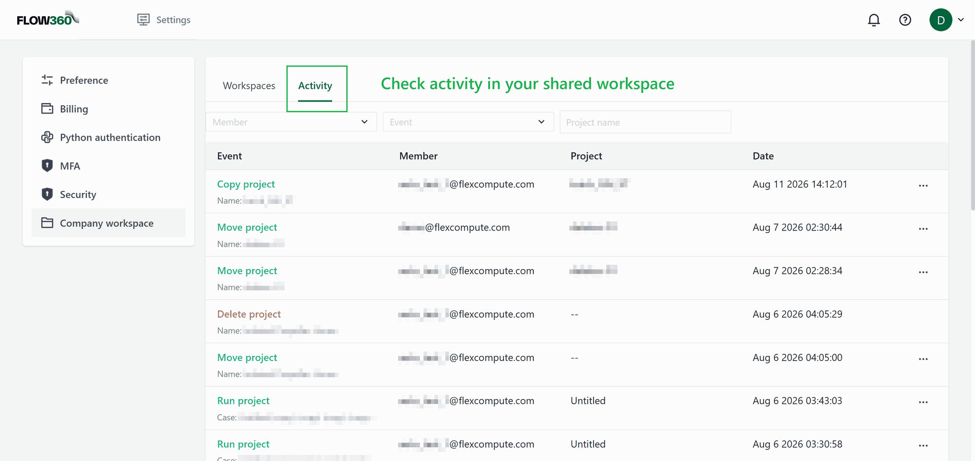 Company workspace page, Activity tab, with member, event and project filters above a table of copy, move, delete and run events