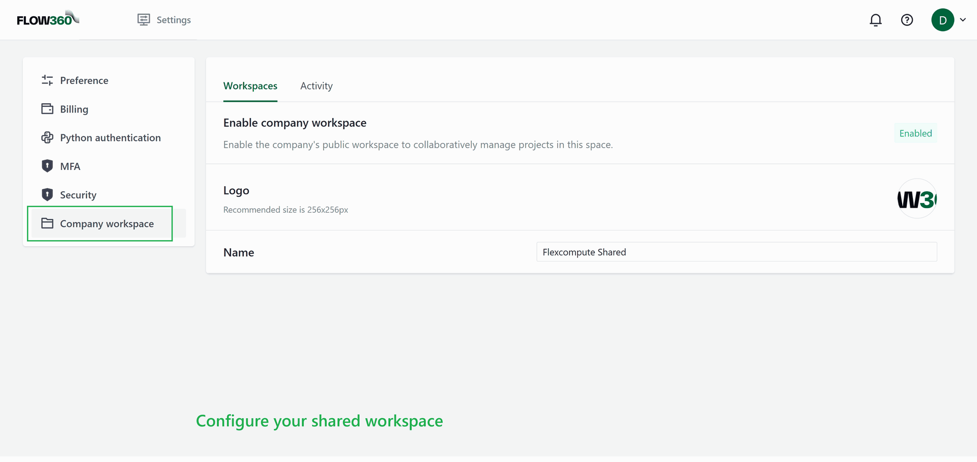 Company workspace page, Workspaces tab, showing the Enabled status tag, the logo and the workspace name