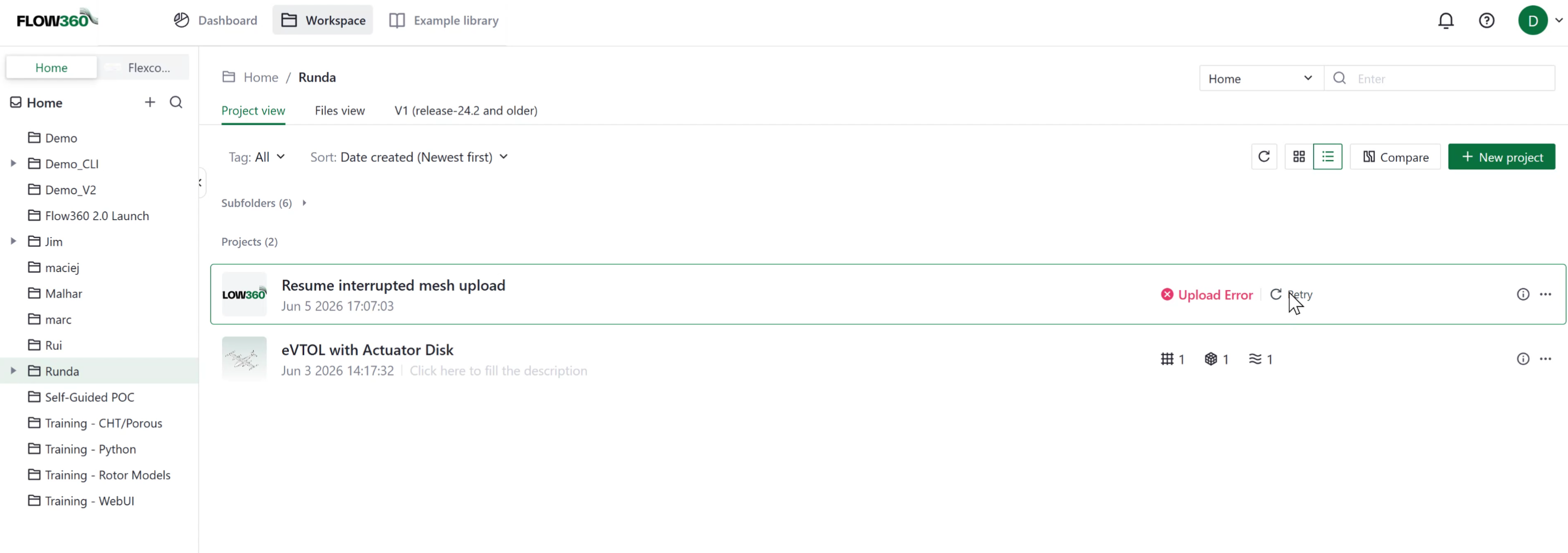 Project card showing the Upload Error status with the Retry button