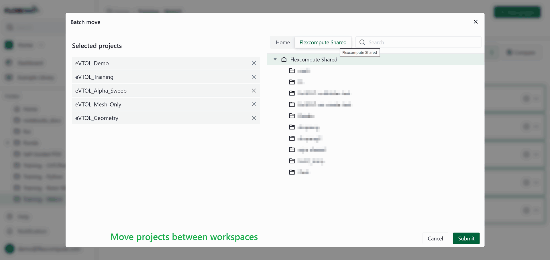 Batch move dialog listing the selected projects on the left and the target workspace tabs with the folder tree on the right