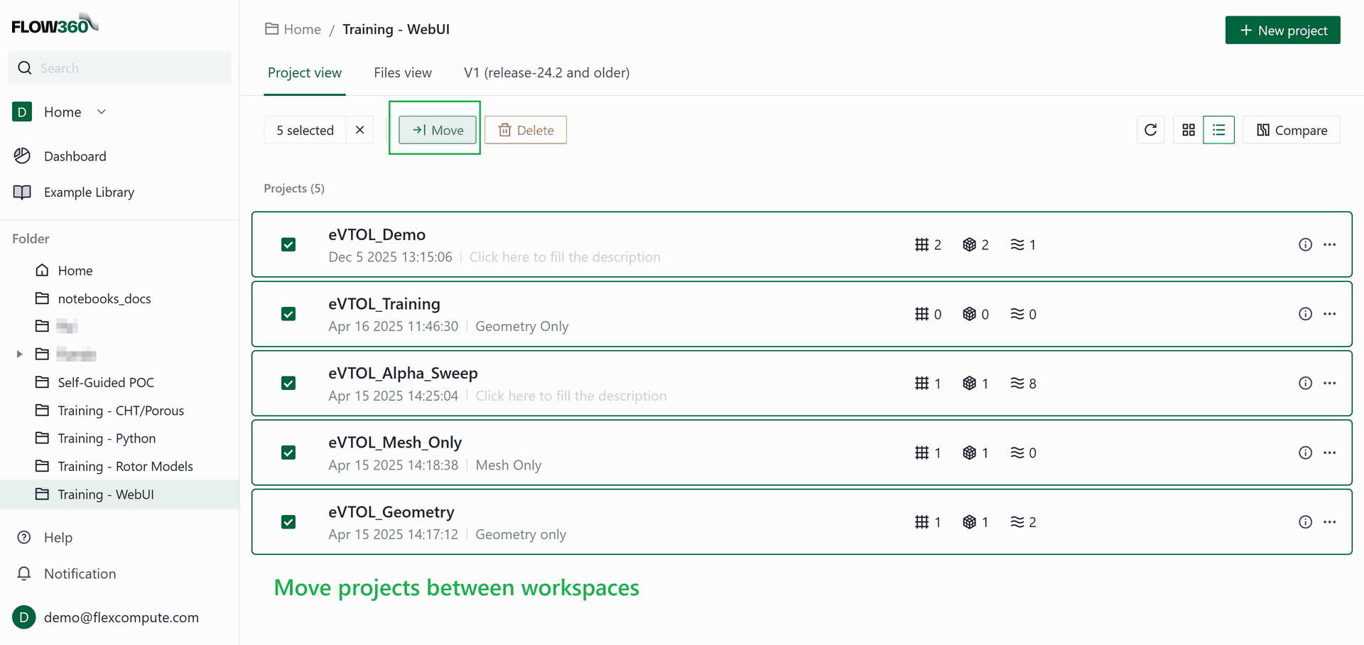 Project view with five projects selected and the Move button highlighted in the toolbar