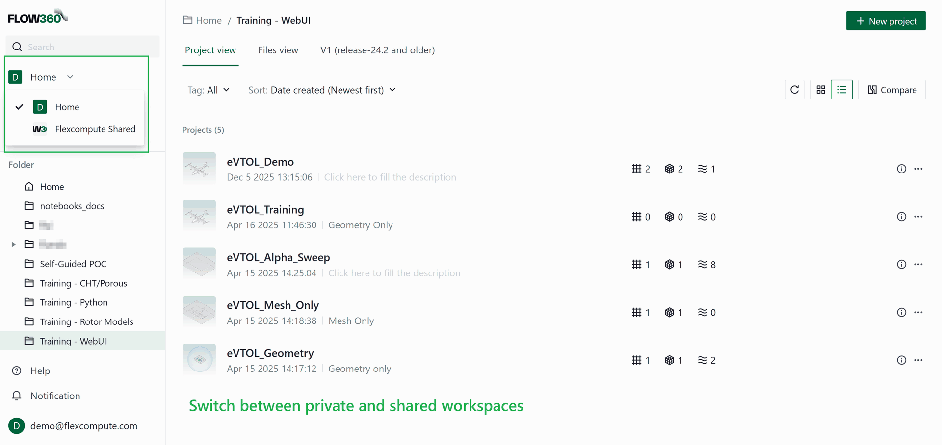 Workspace selector open in the left sidebar, listing the private Home workspace and the company shared workspace