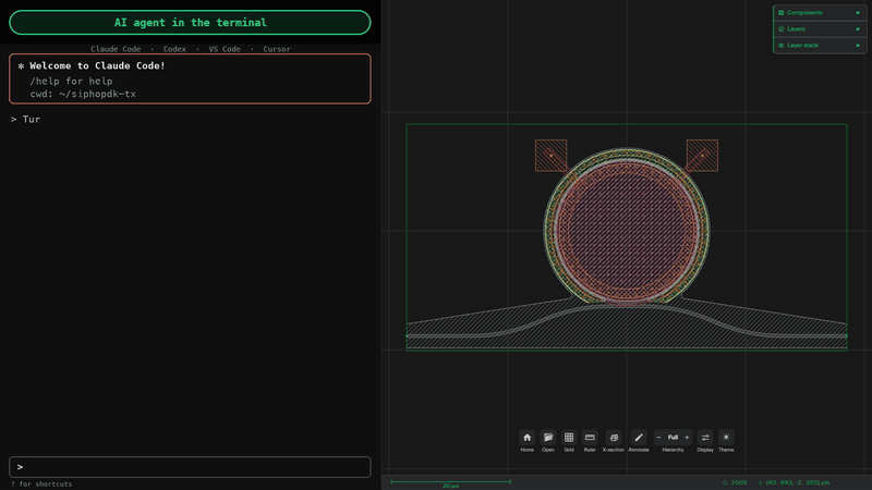An AI agent in a terminal turns one ring into a five-channel ring bank, while the local GUI shows each change