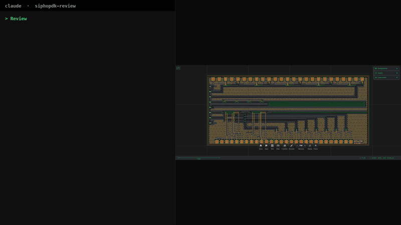 An AI agent runs DRC on the transmitter, finds the two causes of the violations, fixes them and runs DRC again with no violations