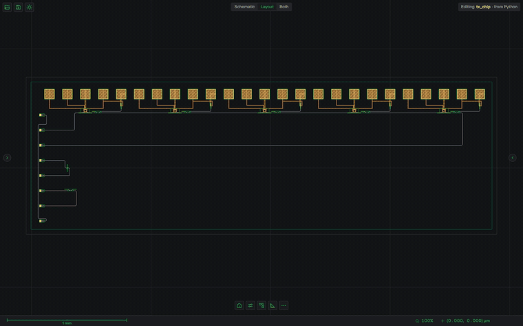 The five-channel transmitter in the local GUI, from the whole die down to one ring modulator and its pads