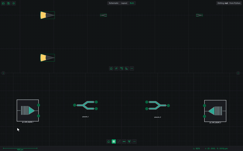Four cells of an MZI in the local GUI: wires are drawn port to port in the schematic, the layout shows them as flight lines, and Route turns them into waveguides