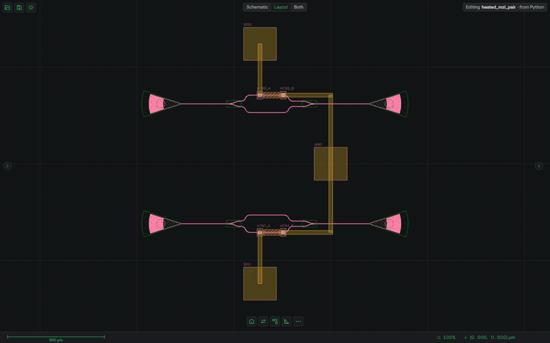 Two heated MZIs; the three metal nets found from the layout geometry light up one after the other