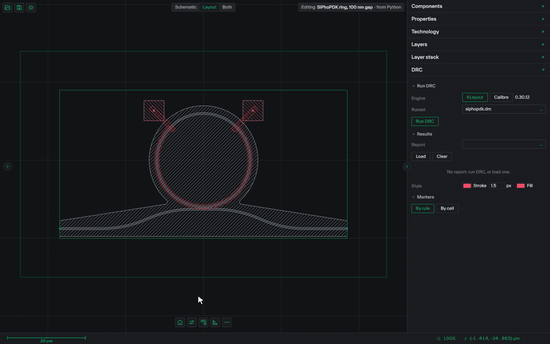 Run DRC in the local GUI on a ring with a 100 nm coupling gap: the panel lists the 150 nm spacing rule with five markers, and a click on a marker shows it in the gap