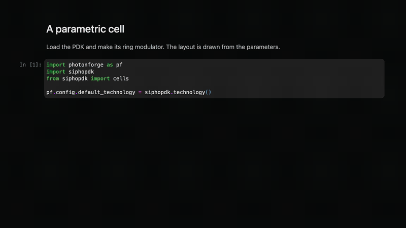 A ring modulator cell in a notebook: a smaller radius redraws the layout and updates the model