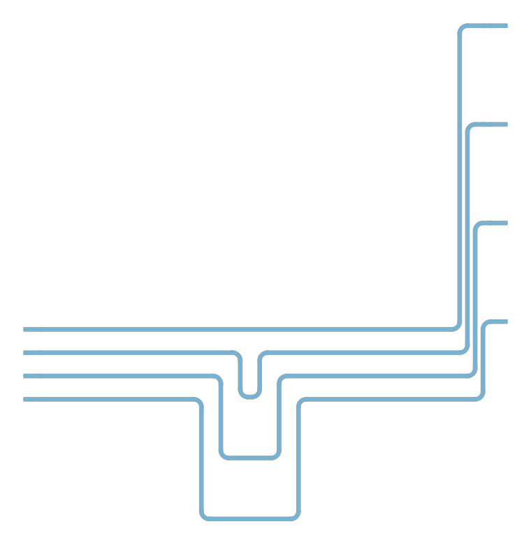 Four routes from waveguides 30 µm apart to fiber-array inputs 127 µm apart; the inner routes have meanders so that all four are 962.4 µm long