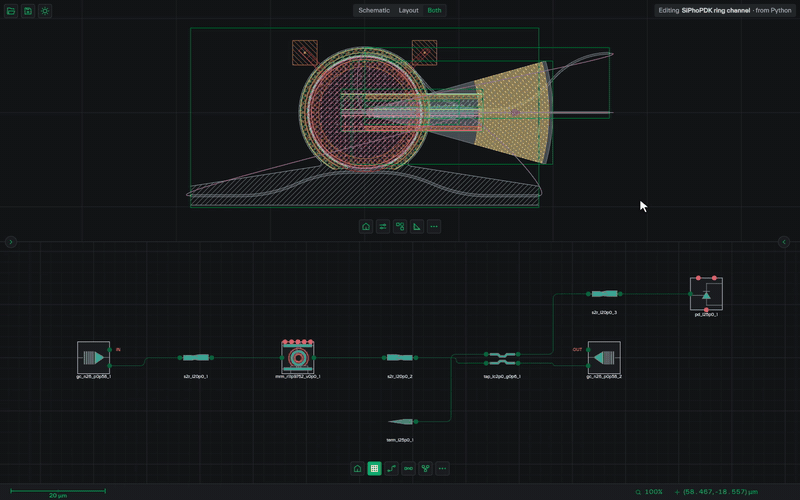 The ring channel in the local GUI: the schematic is wired but the layout is empty; Place puts the nine cells on the chip and Route draws the eight waveguides