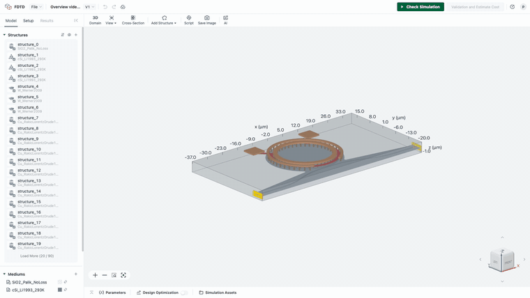 The ring modulator as a 3D Tidy3D simulation, with the heater, the contacts and the bus waveguide